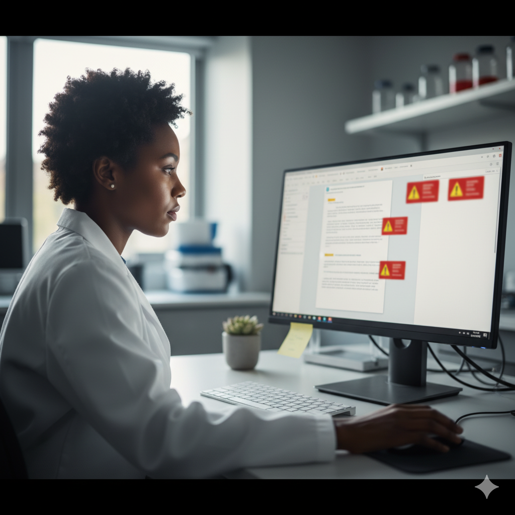 Lab scientist reviewing compliance warnings and missing documentation fields on computer screen